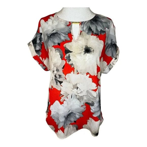 Calvin Klein Women's Small Floral Print Blouse Multicolor Short Sleeve‎ - Picture 1 of 9